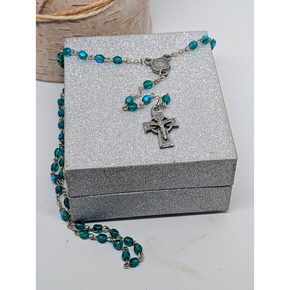 Just In! Pewter Cross Blue Green Iridescent Beaded Rosary - Picture 2 of 6